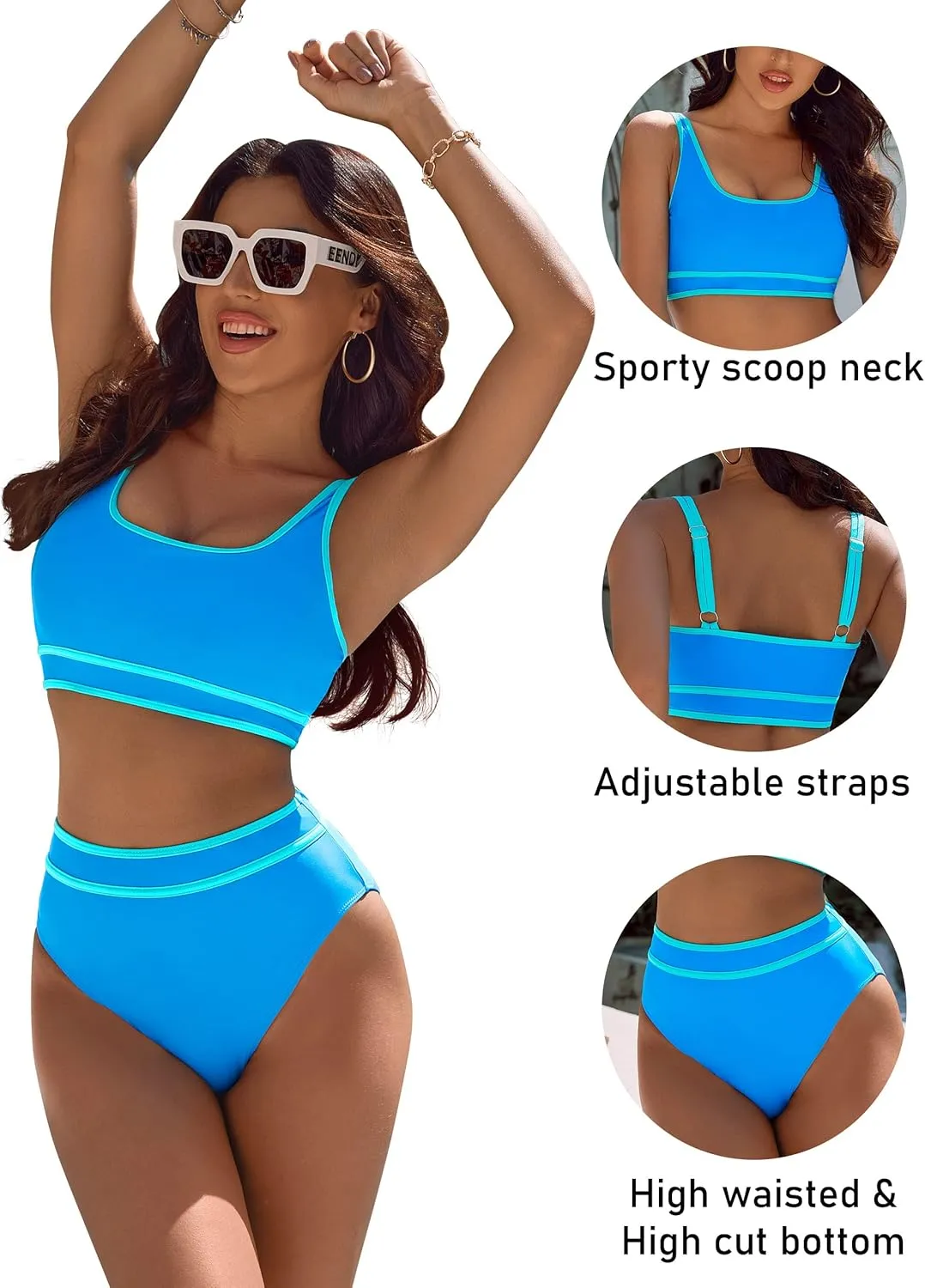 BMJL Women's High Waisted Bikini Sets Sporty Two Piece Swimsuits Color Block Cheeky High Cut Bathing Suits