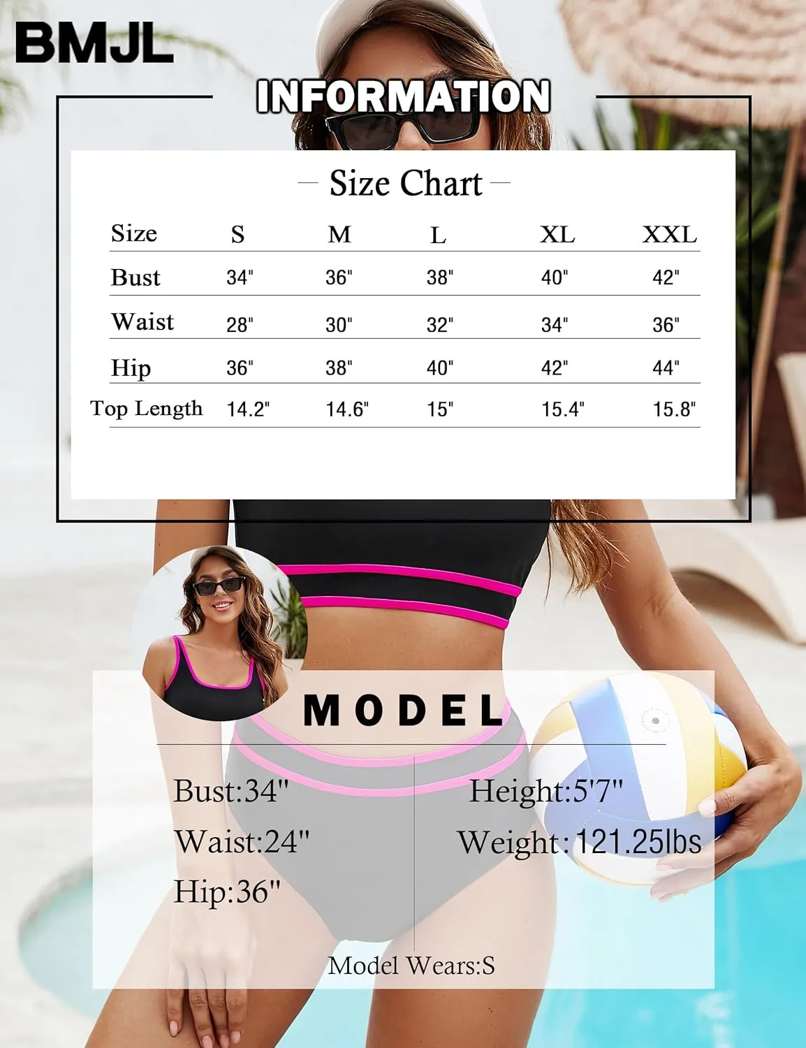 BMJL Women's High Waisted Bikini Sets Sporty Two Piece Swimsuits Color Block Cheeky High Cut Bathing Suits