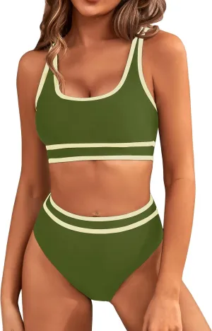 BMJL Women's High Waisted Bikini Sets Sporty Two Piece Swimsuits Color Block Cheeky High Cut Bathing Suits