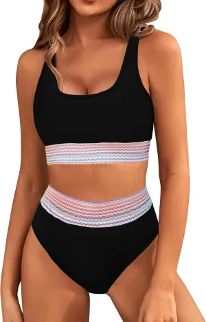 BMJL Women's High Waisted Bikini Sets Sporty Two Piece Swimsuits Color Block Cheeky High Cut Bathing Suits