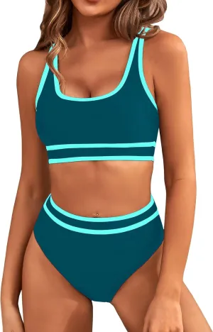 BMJL Women's High Waisted Bikini Sets Sporty Two Piece Swimsuits Color Block Cheeky High Cut Bathing Suits