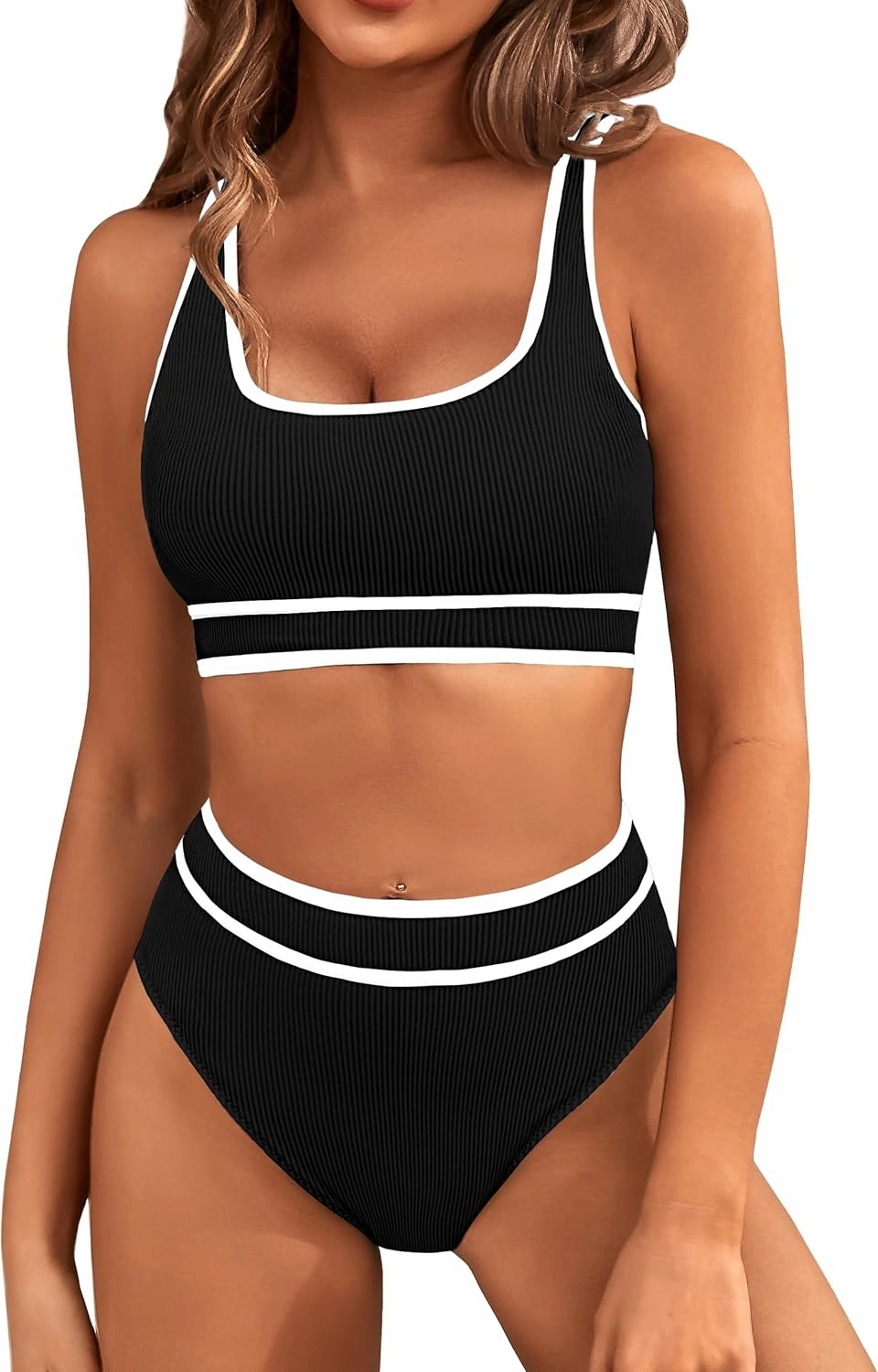 BMJL Women's High Waisted Bikini Sets Sporty Two Piece Swimsuits Color Block Cheeky High Cut Bathing Suits