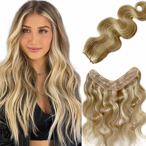Body Wave Balayage Clip in Hair Extensions 20Inch Invisible One Piece Clip in Human Hair Hairpiece 100G Chestnut Blonde to Platinum Blonde V Shape Clip In Hair Extensions Curly Wave 3/4 Full Head