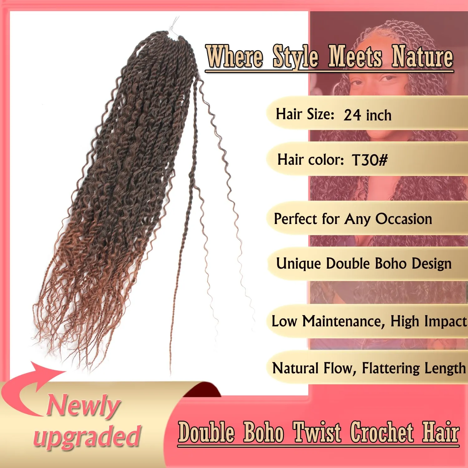 Boho Island Twist Crochet Hair 24 inch Senegalese Twist Crochet Hair with Soft Curly Ends 8 Packs Pre-looped Bohemian Goddess Twist Synthetic Braids Crochet Hair for Black Women (24Inch,1B/30)