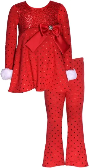 Bonnie Jean Girls 2T-6X Red Foil Dot Knit Christmas Santa Top Pant Set