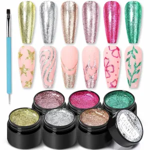Born Pretty Glitter Gel Nail Polish Chrome Platinum Glitter Gel Nail Polish Set Sparkly Shiny Silver Gold Pink Champagne Red Green 6Colors with Nail Brush Home DIY Manicure Nail Salon Varnish