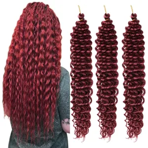Braiding Hair Burgundy 28 Inch 3 Bundles Deep Wave Bulk Hair Extensions for Boho Braids Ocean Wave Crochet Hair Extensions for Braiding Curly Synthetic Braids Hair