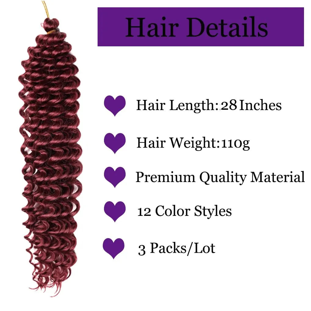 Braiding Hair Burgundy 28 Inch 3 Bundles Deep Wave Bulk Hair Extensions for Boho Braids Ocean Wave Crochet Hair Extensions for Braiding Curly Synthetic Braids Hair
