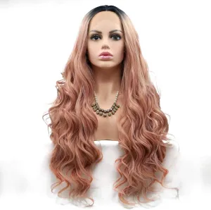 Bright Pink Long Hair Curly Hair Wig Ladies Handmade Lace European and American Wig Set in The Wig Hair Sets