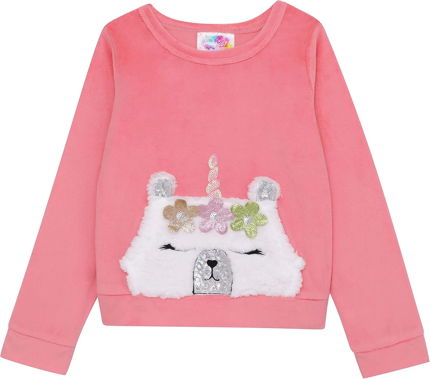 BTween Girls’ 3 Pack Sleepwear Set, Llamacorn Sweater and Slip-ons with Rainbow Velour Pajama Bottoms
