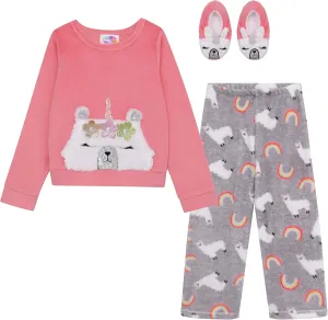 BTween Girls’ 3 Pack Sleepwear Set, Llamacorn Sweater and Slip-ons with Rainbow Velour Pajama Bottoms