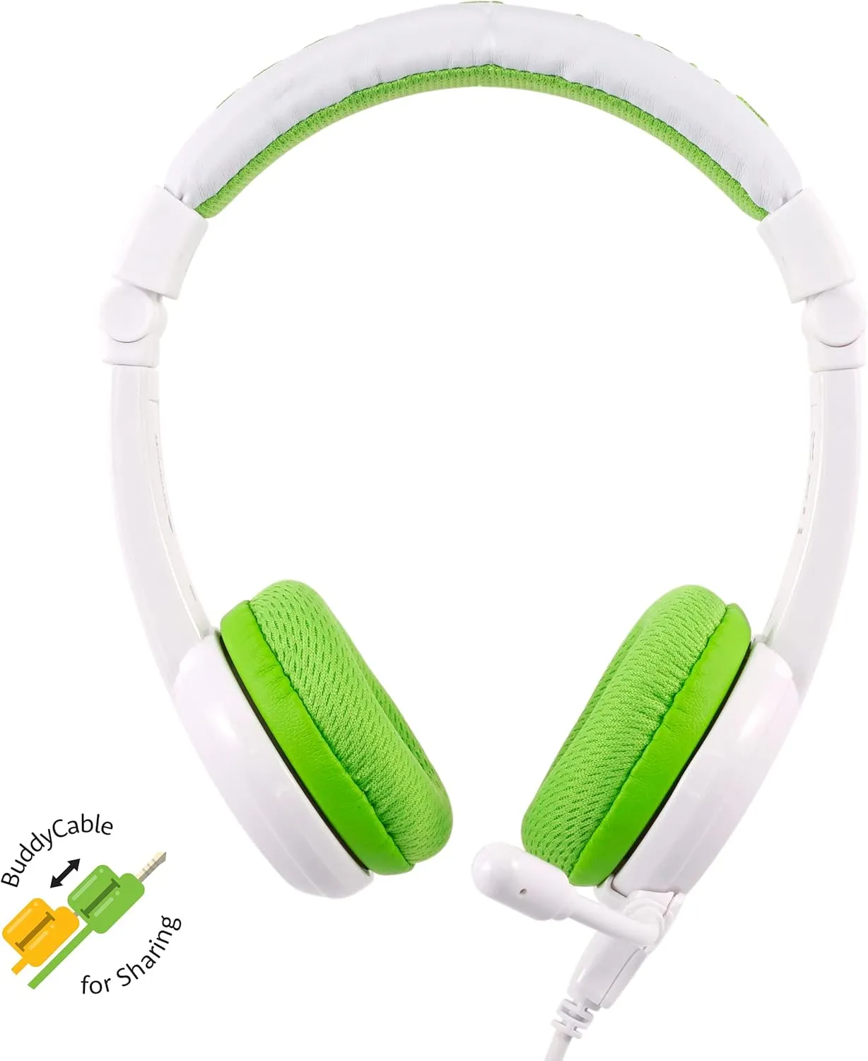 BuddyPhones School Plus, Wired Headphones for Kids, Detacheable High-Performance BoomMic, SafeAudio Volume-Limiting to 85dB, Cable Sharing Jack, for School/Travel/iPad, Travel Bag (Green)