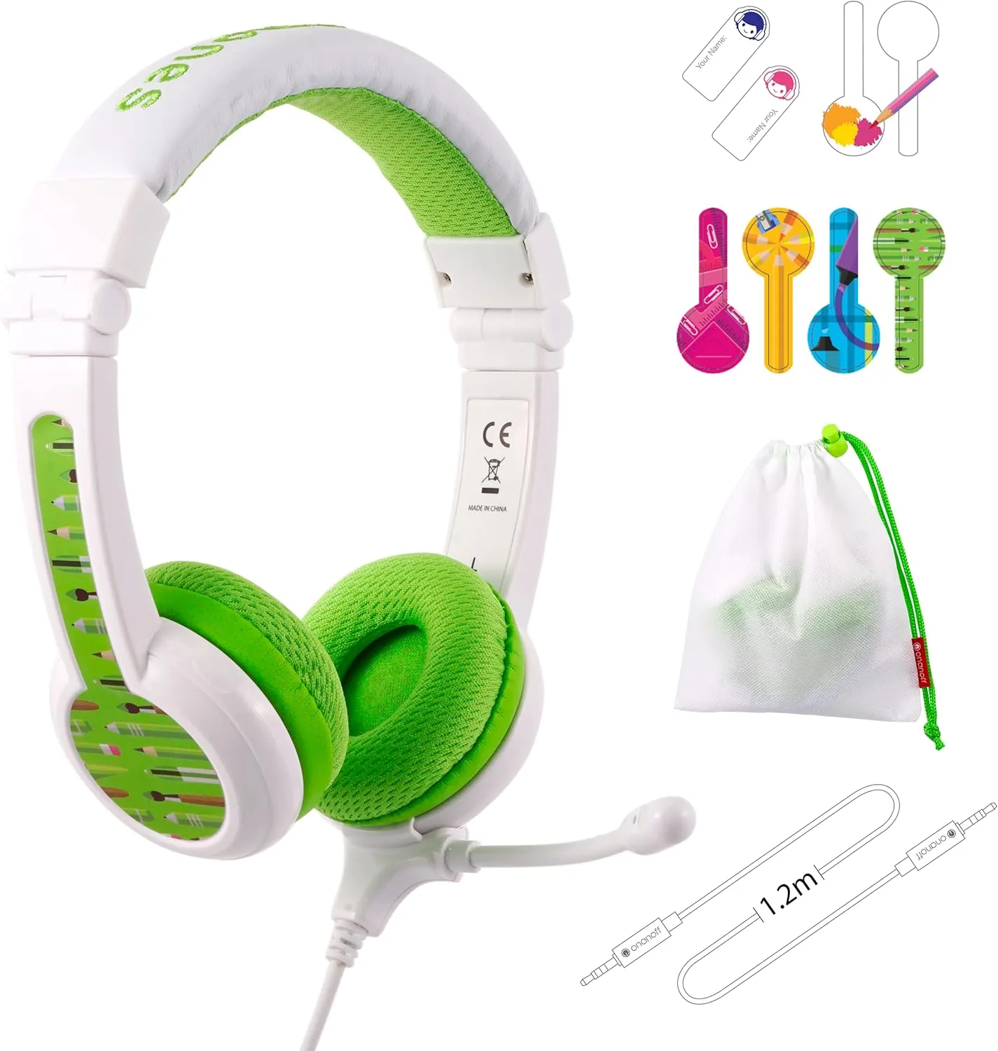 BuddyPhones School Plus, Wired Headphones for Kids, Detacheable High-Performance BoomMic, SafeAudio Volume-Limiting to 85dB, Cable Sharing Jack, for School/Travel/iPad, Travel Bag (Green)