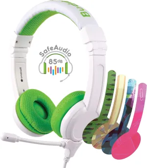 BuddyPhones School Plus, Wired Headphones for Kids, Detacheable High-Performance BoomMic, SafeAudio Volume-Limiting to 85dB, Cable Sharing Jack, for School/Travel/iPad, Travel Bag (Green)