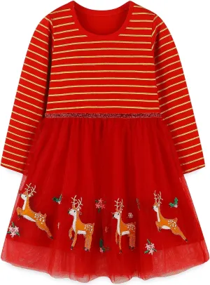 Bumeex Girl's Long Sleeve Dresses Cotton Christmas Cute Embroidery Applique Swing A-Line Casual Tunic Playwear 2-13 Years