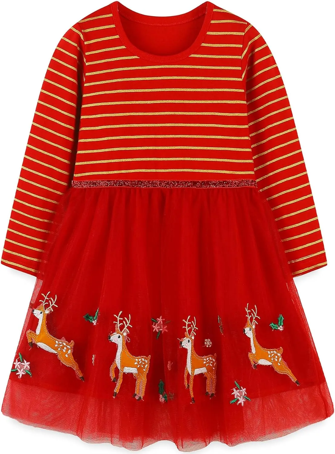 Bumeex Girl's Long Sleeve Dresses Cotton Christmas Cute Embroidery Applique Swing A-Line Casual Tunic Playwear 2-13 Years