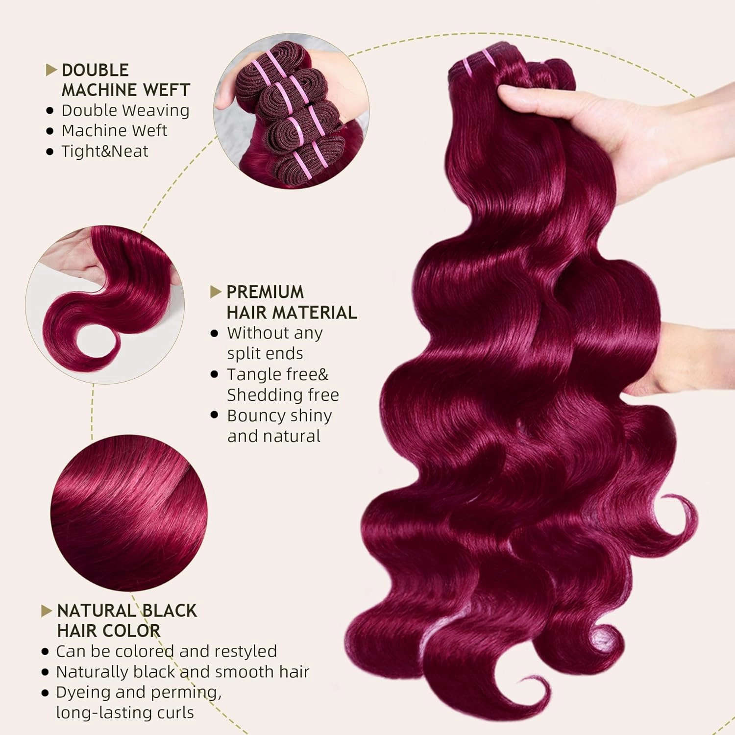 Burgundy Bundles Human Hair 4 Bundles 16 18 20 22 Inch Hair Extensions Burgundy Body Wave Human Hair Bundles 100% Unprocessed Brazilian Virgin Hair Quick Weave Hair Red 99J