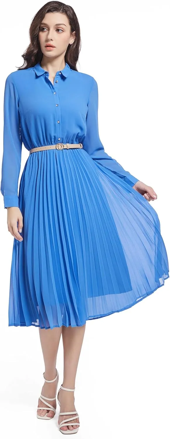 Business Casual Shirt Dress for Women Long Sleeves Pleated Midi Dresses with Belt