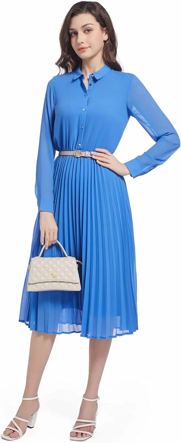 Business Casual Shirt Dress for Women Long Sleeves Pleated Midi Dresses with Belt