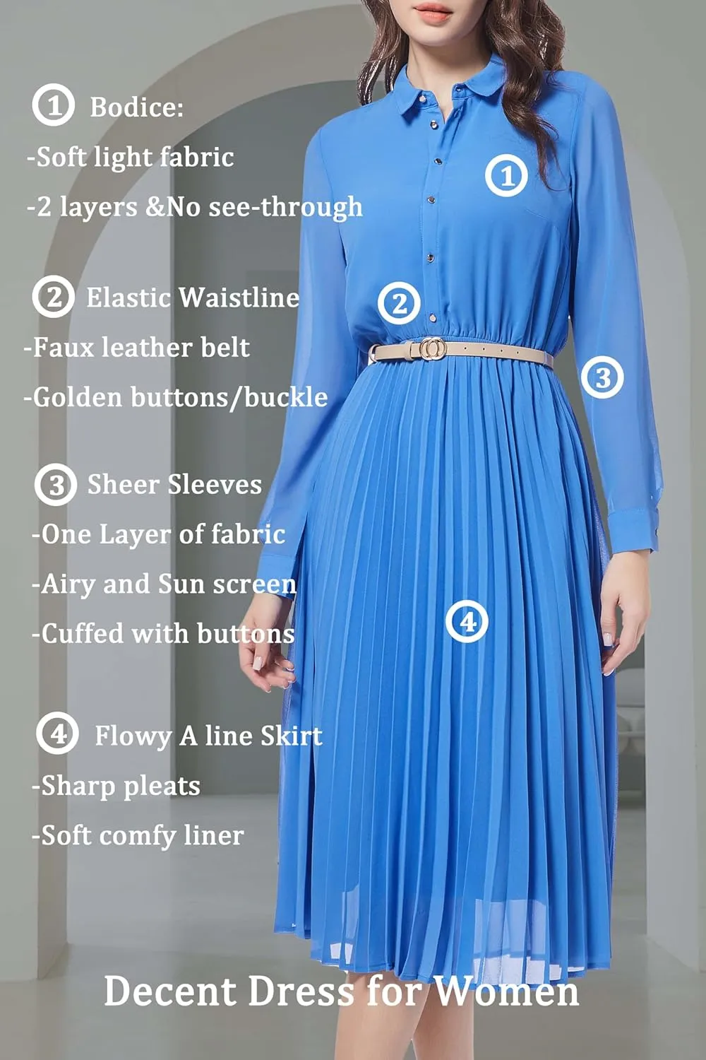 Business Casual Shirt Dress for Women Long Sleeves Pleated Midi Dresses with Belt