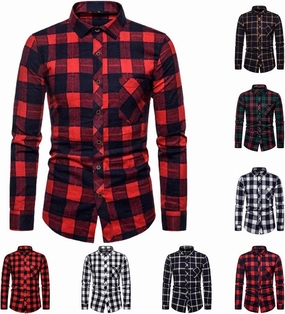 Button Down Shirt for Men Casual Plaid Y2K Shirt Slim Fit Lapel Long Sleeve Shirt Jacket Lightweight Flannel Shirts