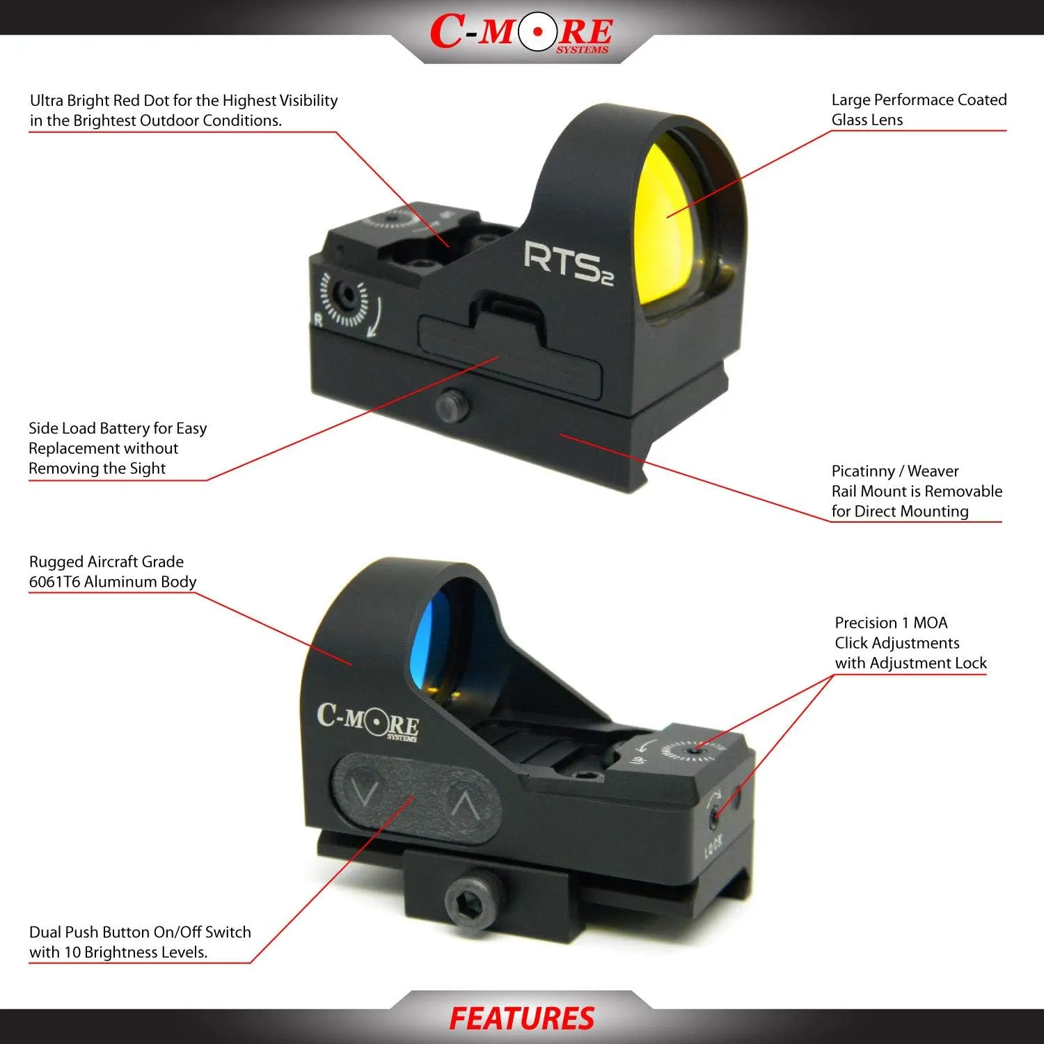 C-MORE Systems Micro Red Dot Sight RTS2B V5, 1x Magnification, Made of Aircraft Grade Aluminum, Adjusts for Wind & Elevation, Ultra Bright, All Weather, Waterproof, Lightweight, Matte Black