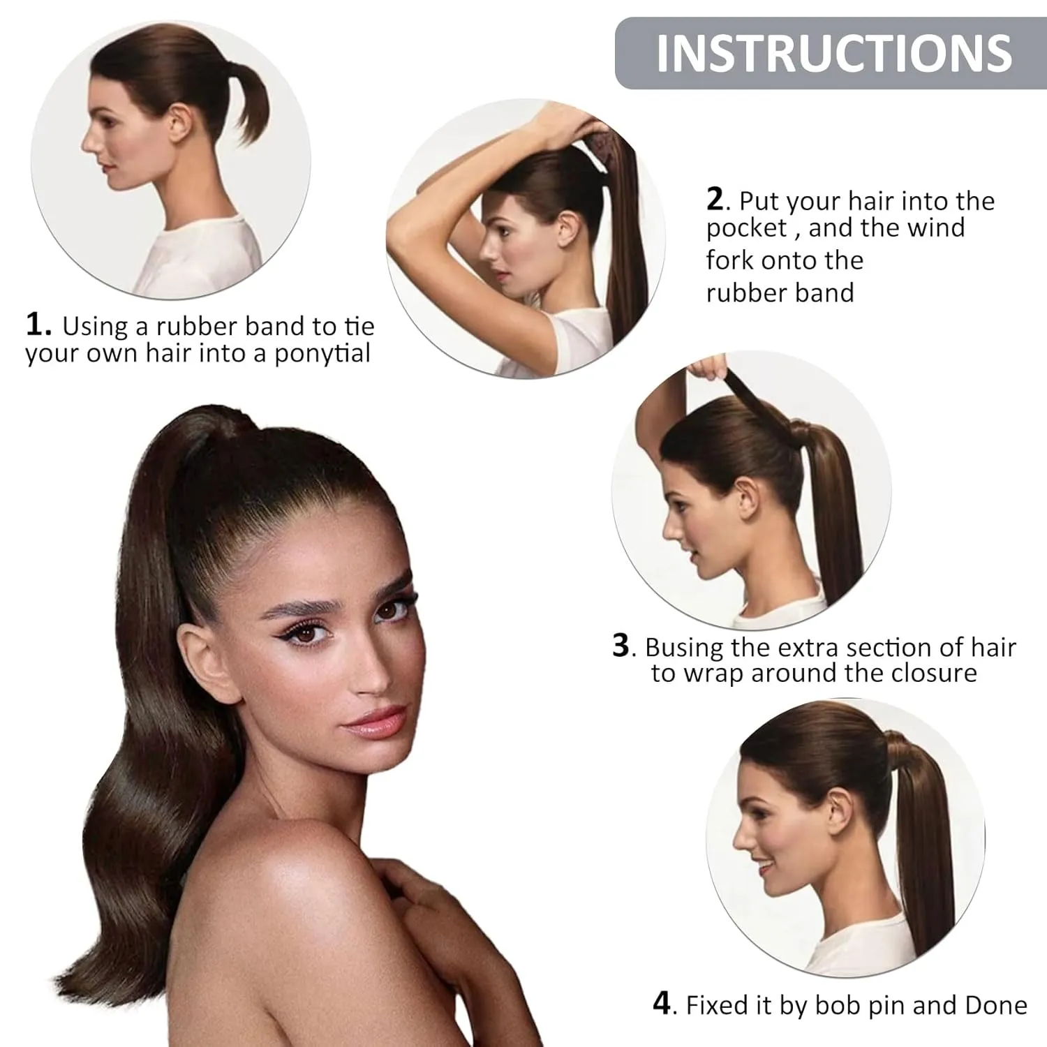 Caliee Hair Extensions Ponytail Extension 16Inch Long Ponytail Wrap Around Clip in Dark Brown 80G Soft Silky Straight 100% Human Hair Hair Piece with Magic Paste and Comb