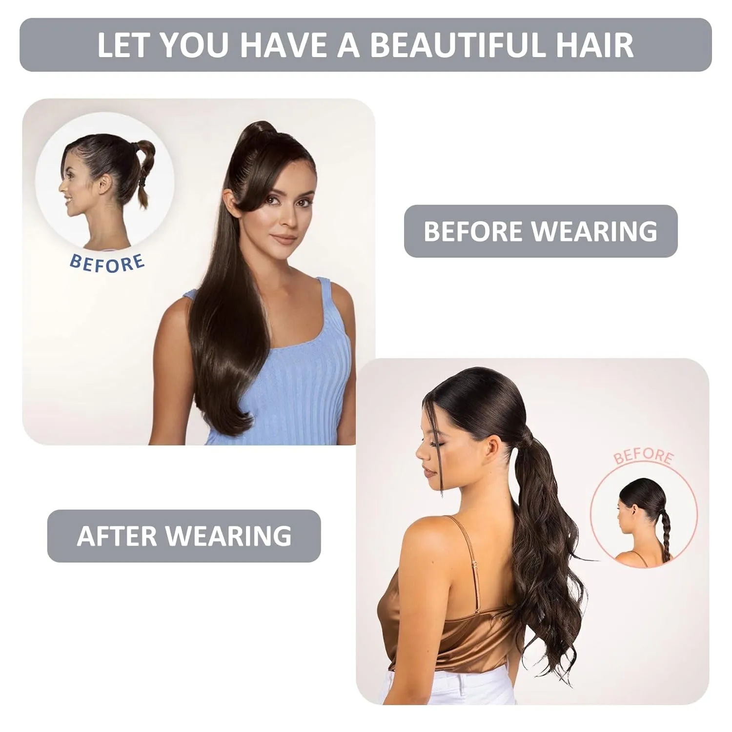Caliee Hair Extensions Ponytail Extension 16Inch Long Ponytail Wrap Around Clip in Dark Brown 80G Soft Silky Straight 100% Human Hair Hair Piece with Magic Paste and Comb