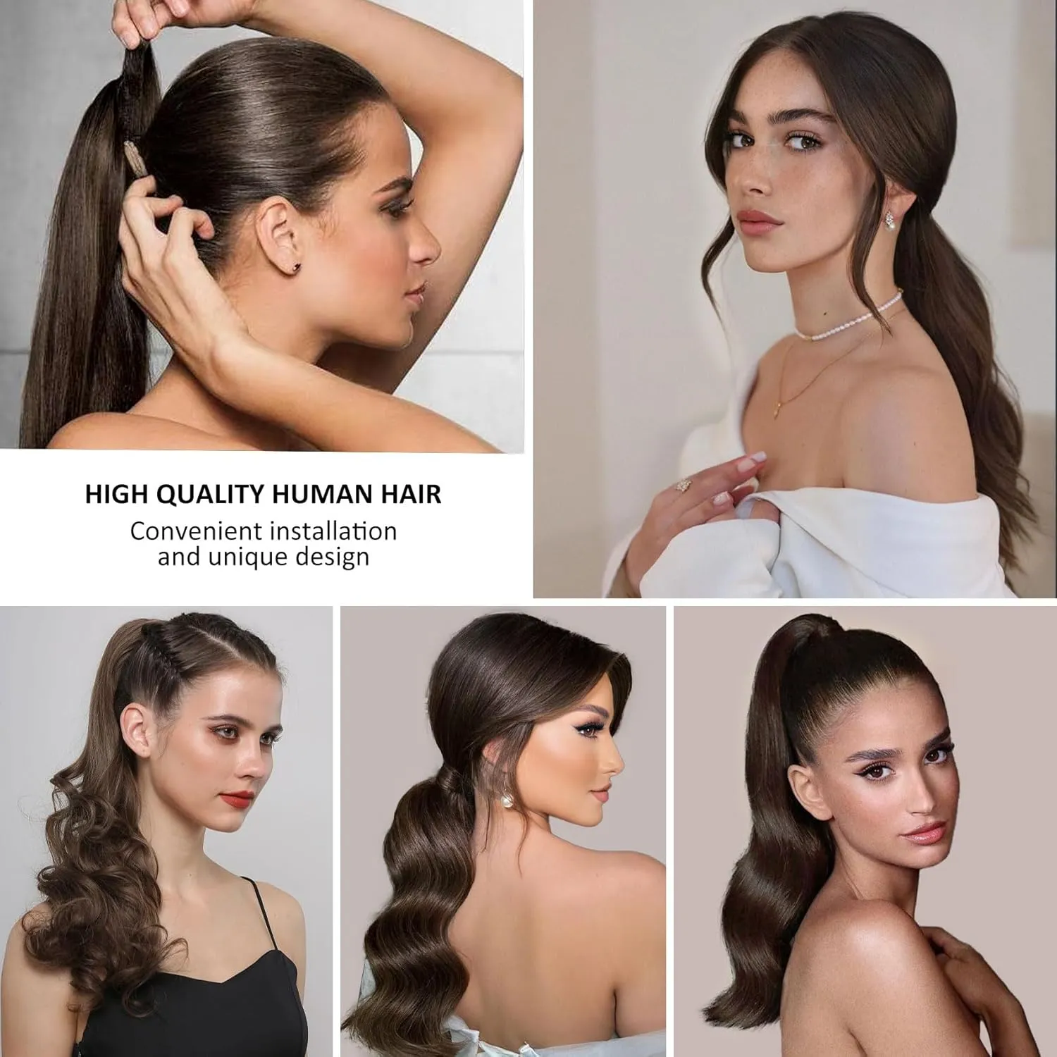 Caliee Hair Extensions Ponytail Extension 16Inch Long Ponytail Wrap Around Clip in Dark Brown 80G Soft Silky Straight 100% Human Hair Hair Piece with Magic Paste and Comb