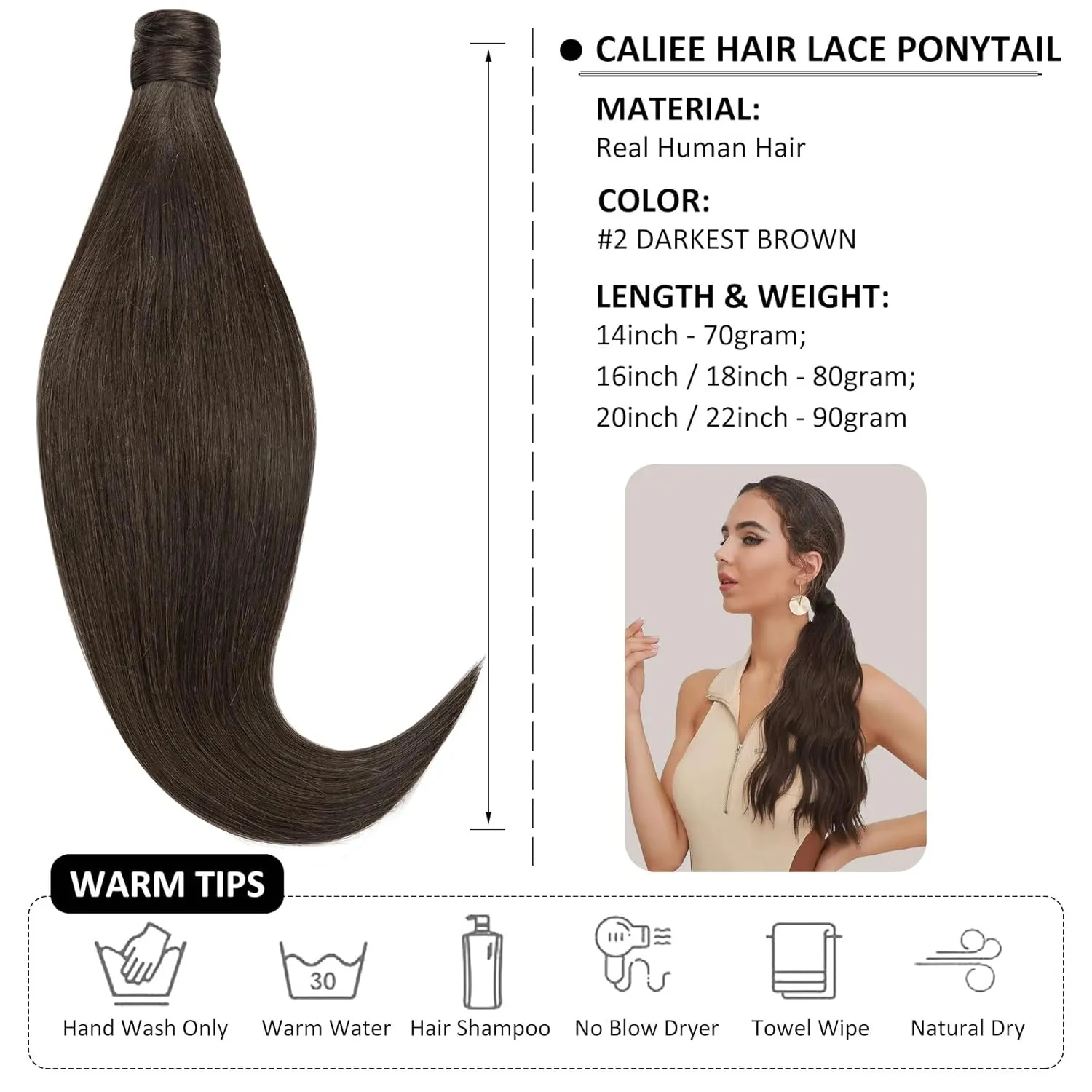 Caliee Hair Extensions Ponytail Extension 16Inch Long Ponytail Wrap Around Clip in Dark Brown 80G Soft Silky Straight 100% Human Hair Hair Piece with Magic Paste and Comb