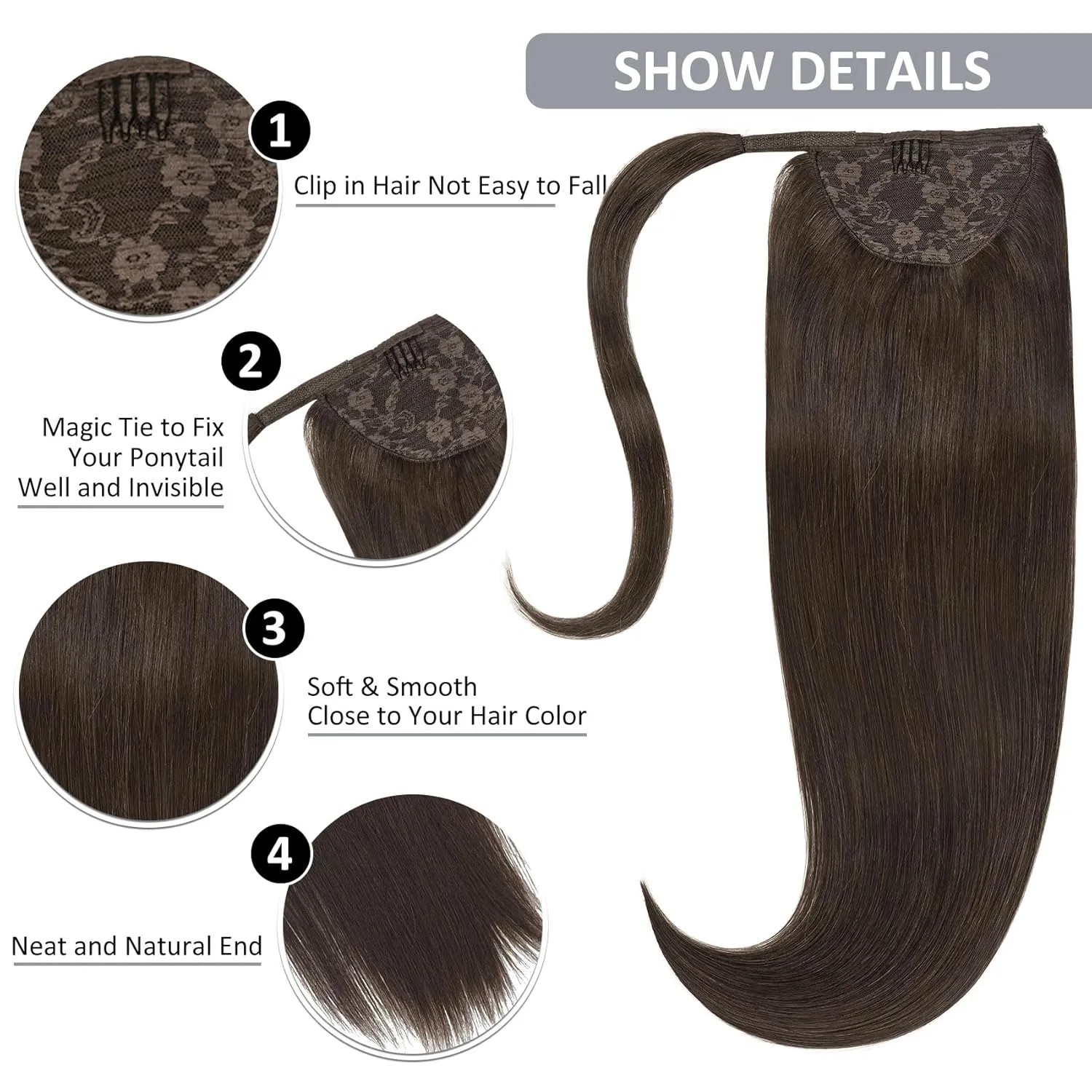 Caliee Hair Extensions Ponytail Extension 16Inch Long Ponytail Wrap Around Clip in Dark Brown 80G Soft Silky Straight 100% Human Hair Hair Piece with Magic Paste and Comb