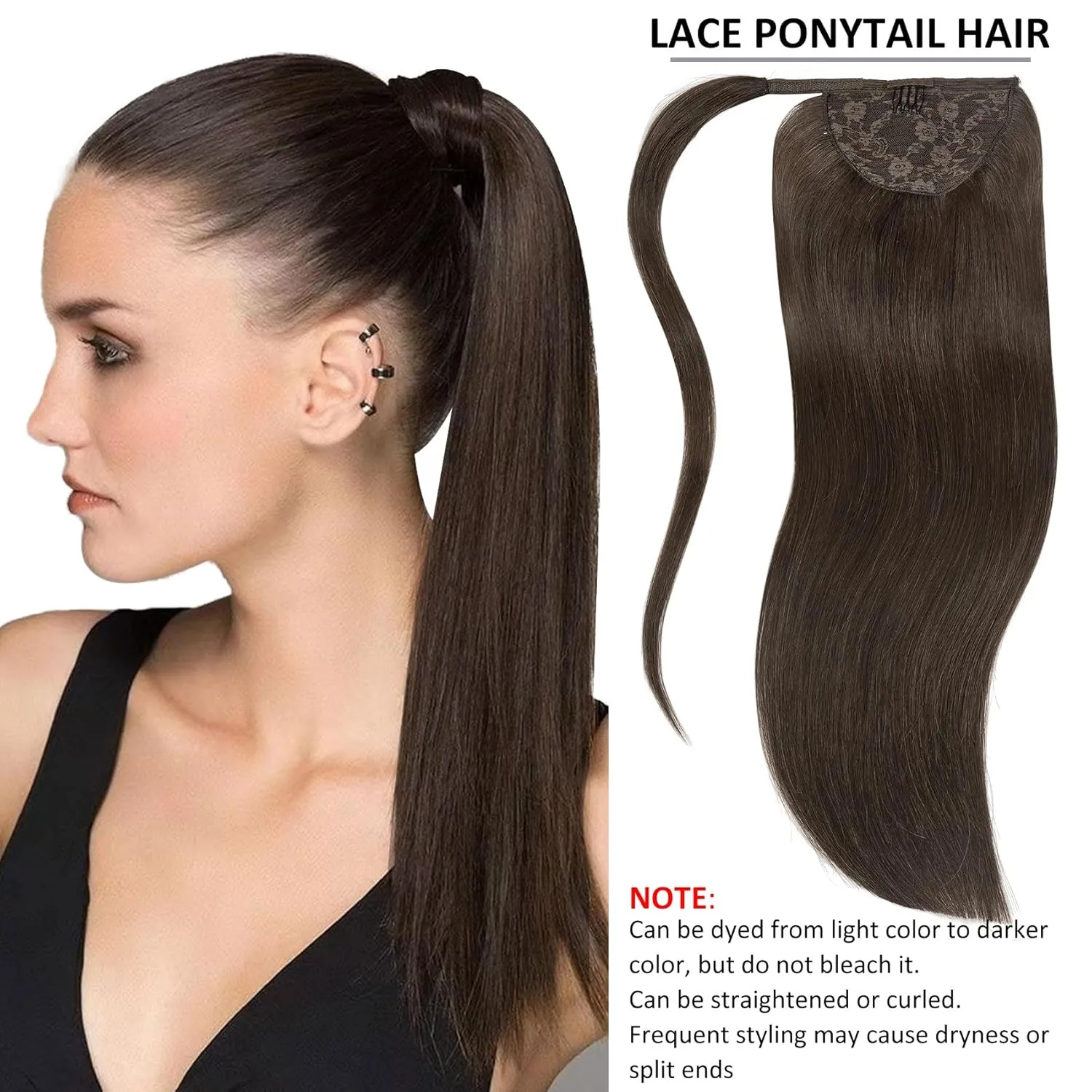 Caliee Hair Extensions Ponytail Extension 16Inch Long Ponytail Wrap Around Clip in Dark Brown 80G Soft Silky Straight 100% Human Hair Hair Piece with Magic Paste and Comb