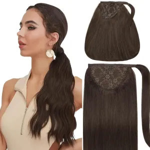 Caliee Hair Extensions Ponytail Extension 16Inch Long Ponytail Wrap Around Clip in Dark Brown 80G Soft Silky Straight 100% Human Hair Hair Piece with Magic Paste and Comb