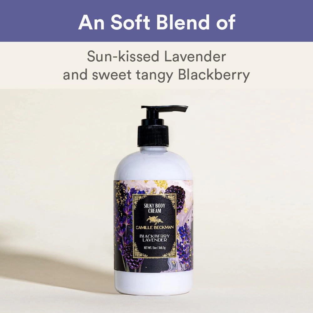 Camille Beckman Blackbery Lavender Scented Silky Body Cream, Daily Moisturizer for All Skin Types, Non-Greasy Vegan Formula to Nourish and Soften Hands and Body, 13 Ounce