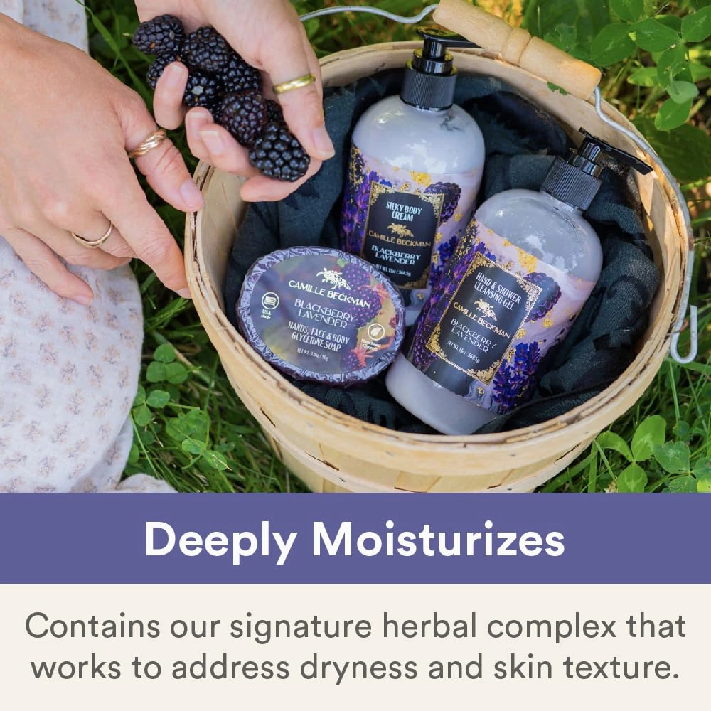 Camille Beckman Blackbery Lavender Scented Silky Body Cream, Daily Moisturizer for All Skin Types, Non-Greasy Vegan Formula to Nourish and Soften Hands and Body, 13 Ounce