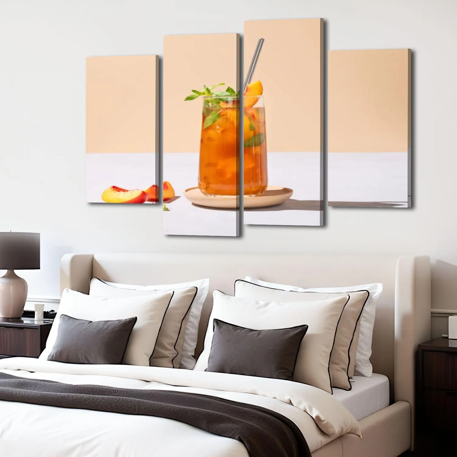 Canvas Wall Art for Bedroom 4 Panels Refreshing peach ice mint tea Vegan homemade cold summer drink tall Framed Art Prints Wall Decor for Living Room Ready to Hang Western Home Decor Bathroom Office