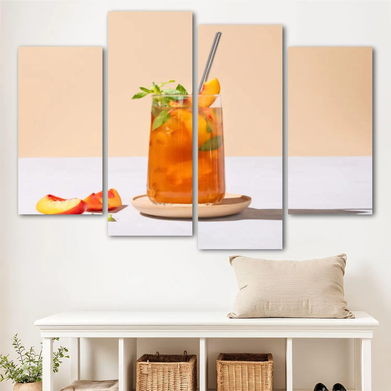 Canvas Wall Art for Bedroom 4 Panels Refreshing peach ice mint tea Vegan homemade cold summer drink tall Framed Art Prints Wall Decor for Living Room Ready to Hang Western Home Decor Bathroom Office