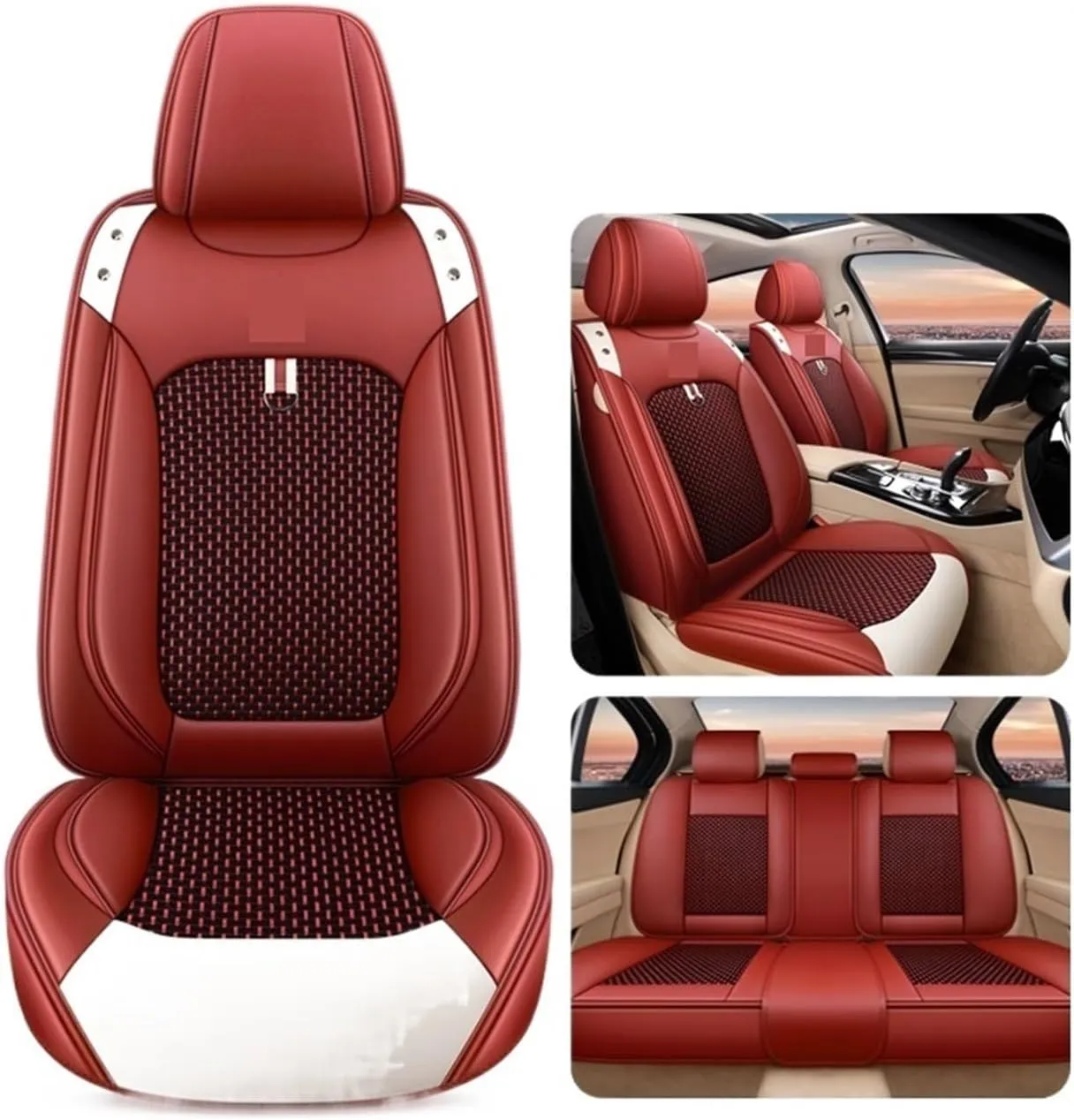 Car Seat Cover Front/Rear Vehicle Cushion Not Moves Universal Pu Leather Black/Red Non-Slide Compatible For BMW X1 X3 E3 X45(Lake 1set)