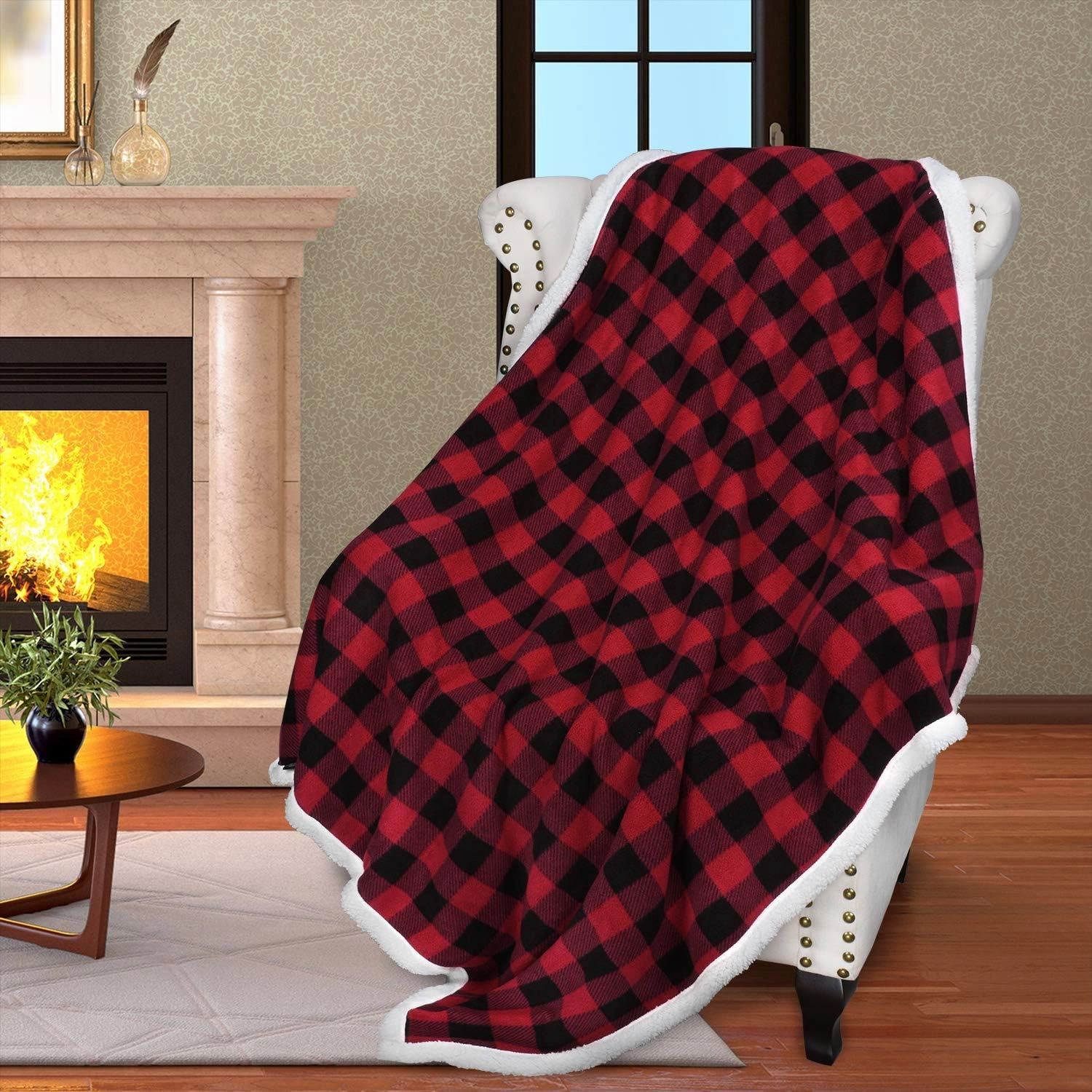 Catalonia Red Black Checkered Holiday Blanket, Buffalo Plaid Sherpa Throw for Couch Sofa Cabin Decor | Soft, Warm, Comfy, Fuzzy, Snuggy | 60x50 Inches, Christmas Blanket