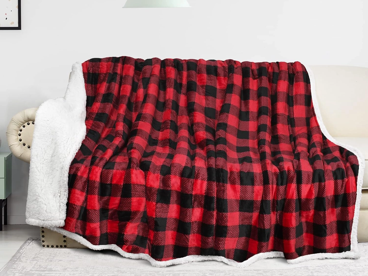 Catalonia Red Black Checkered Holiday Blanket, Buffalo Plaid Sherpa Throw for Couch Sofa Cabin Decor | Soft, Warm, Comfy, Fuzzy, Snuggy | 60x50 Inches, Christmas Blanket