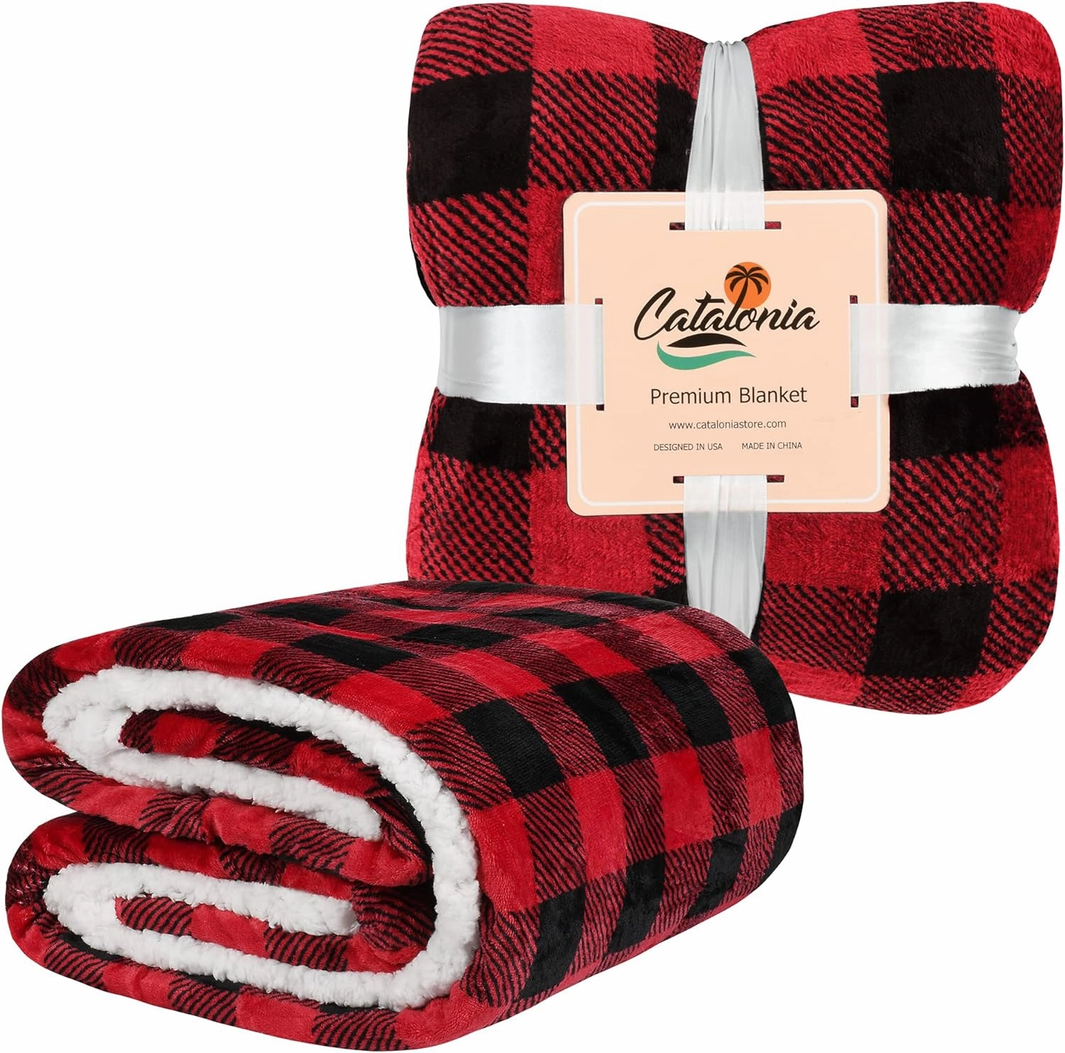 Catalonia Red Black Checkered Holiday Blanket, Buffalo Plaid Sherpa Throw for Couch Sofa Cabin Decor | Soft, Warm, Comfy, Fuzzy, Snuggy | 60x50 Inches, Christmas Blanket