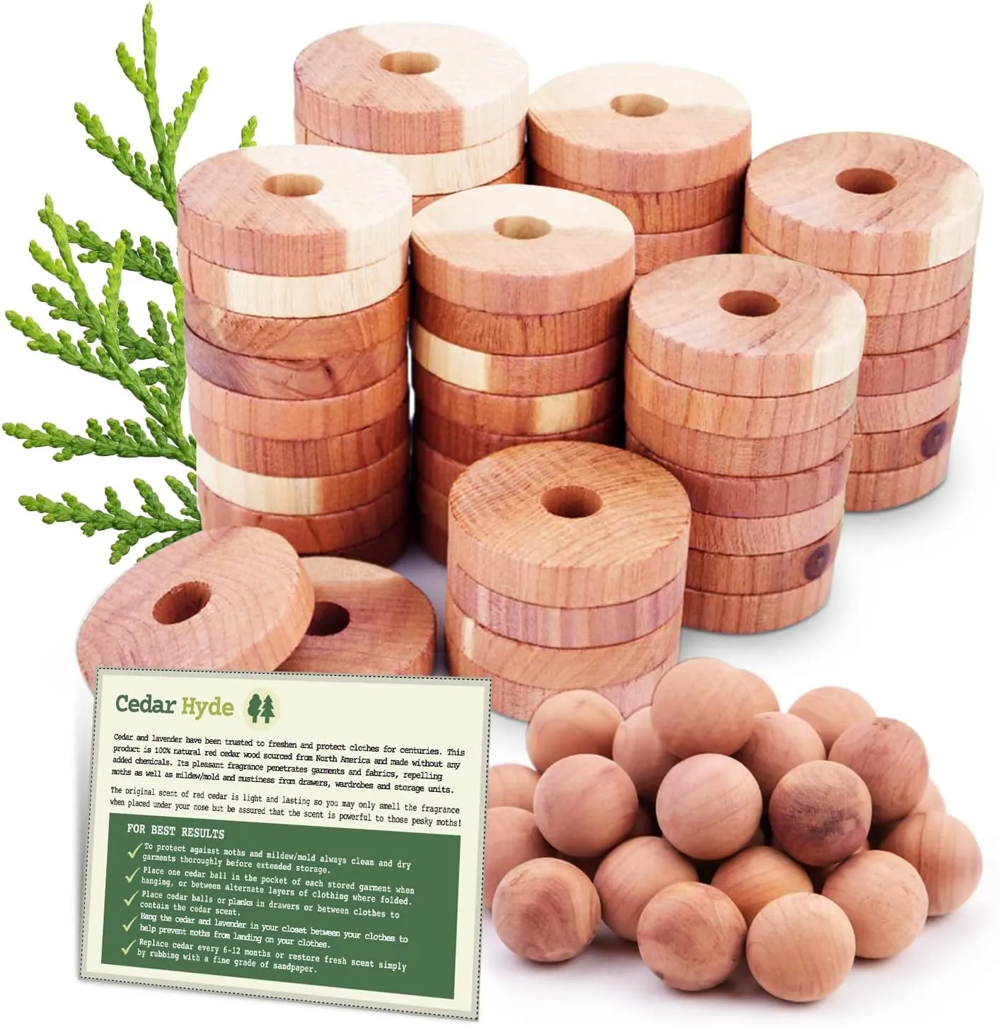 Cedar Hyde Cedar Blocks for Clothes Storage | Cedar Balls & Cedar Rings | Dresser Drawer Freshener Odor Eliminator | 40 Pieces, 30 Cedar Rings & Bonus 10 Cedar Balls, U.S.A Seller