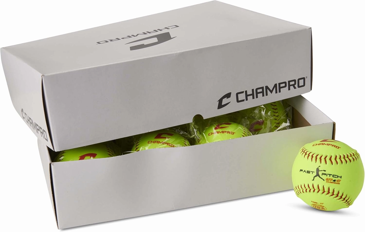 CHAMPRO ASA Fast Pitch .47 COR 375 Compression Poly Synthetic Cover Red Stiches Optic Yellow 12 PK