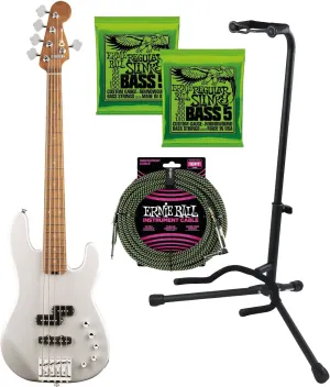 Charvel Pro-Mod San Dimas Bass PJ V – Platinum Pearl, (2) Ernie Ball 2836, Gator Stand, Ernie Ball P06077 Bundle