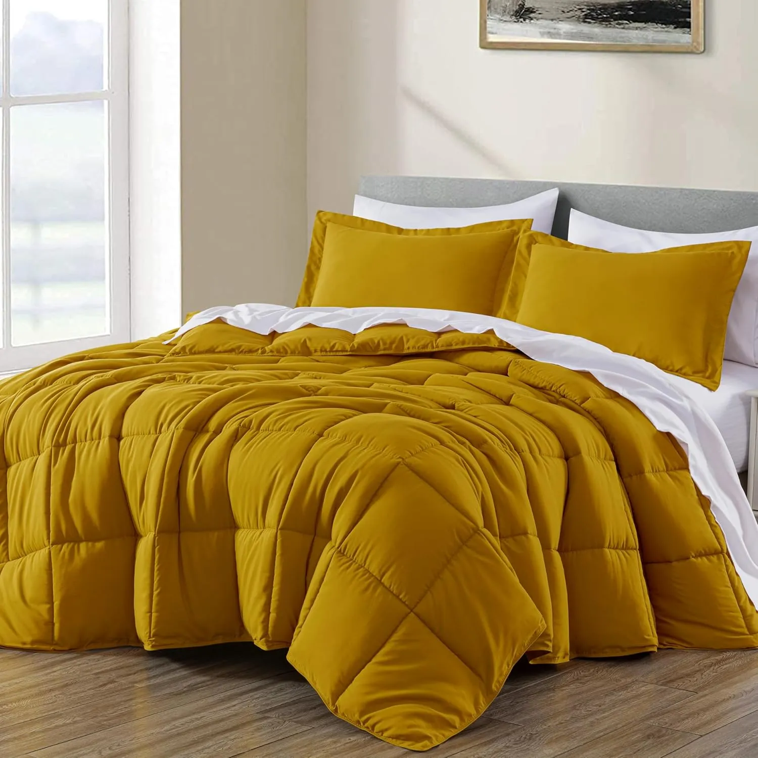 Chezmoi Collection 3-Piece Mustard Comforter Set Queen Size - 110GSM Peach Skin Microfiber Polyester All Season Down Alternative Comforter Set