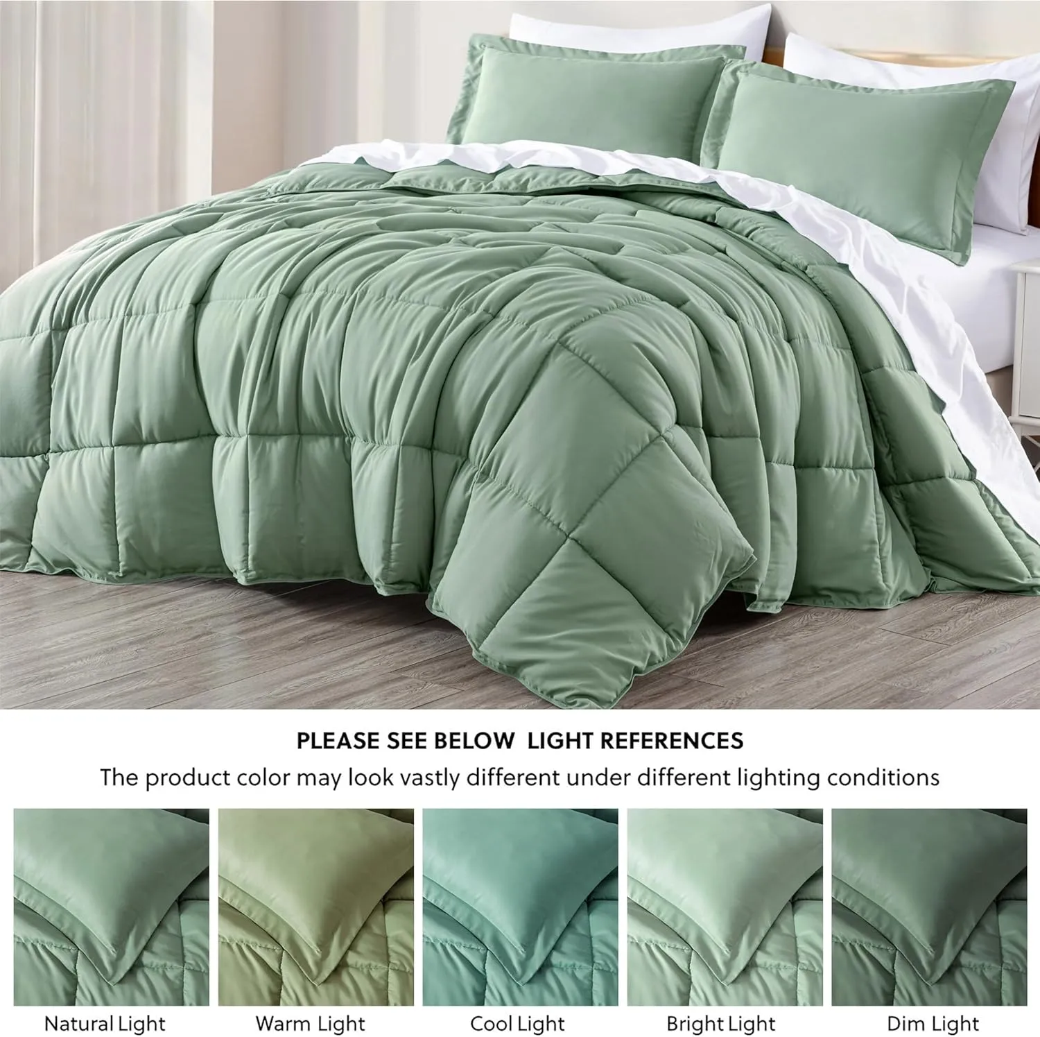 Chezmoi Collection 3-Piece Sage Green Comforter Set Queen Size - 110GSM Peach Skin Microfiber Polyester All Season Down Alternative Comforter Set