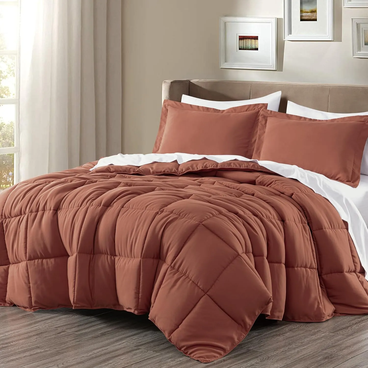 Chezmoi Collection 3-Piece Terracotta Comforter Set Queen Size - 110GSM Peach Skin Microfiber Polyester All Season Down Alternative Comforter Set