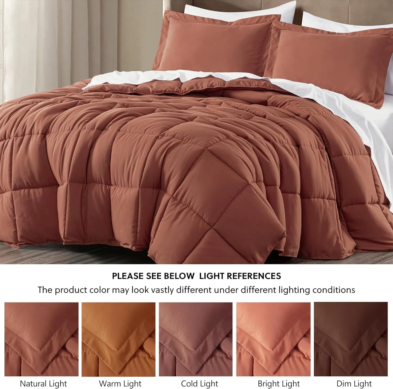 Chezmoi Collection 3-Piece Terracotta Comforter Set Queen Size - 110GSM Peach Skin Microfiber Polyester All Season Down Alternative Comforter Set