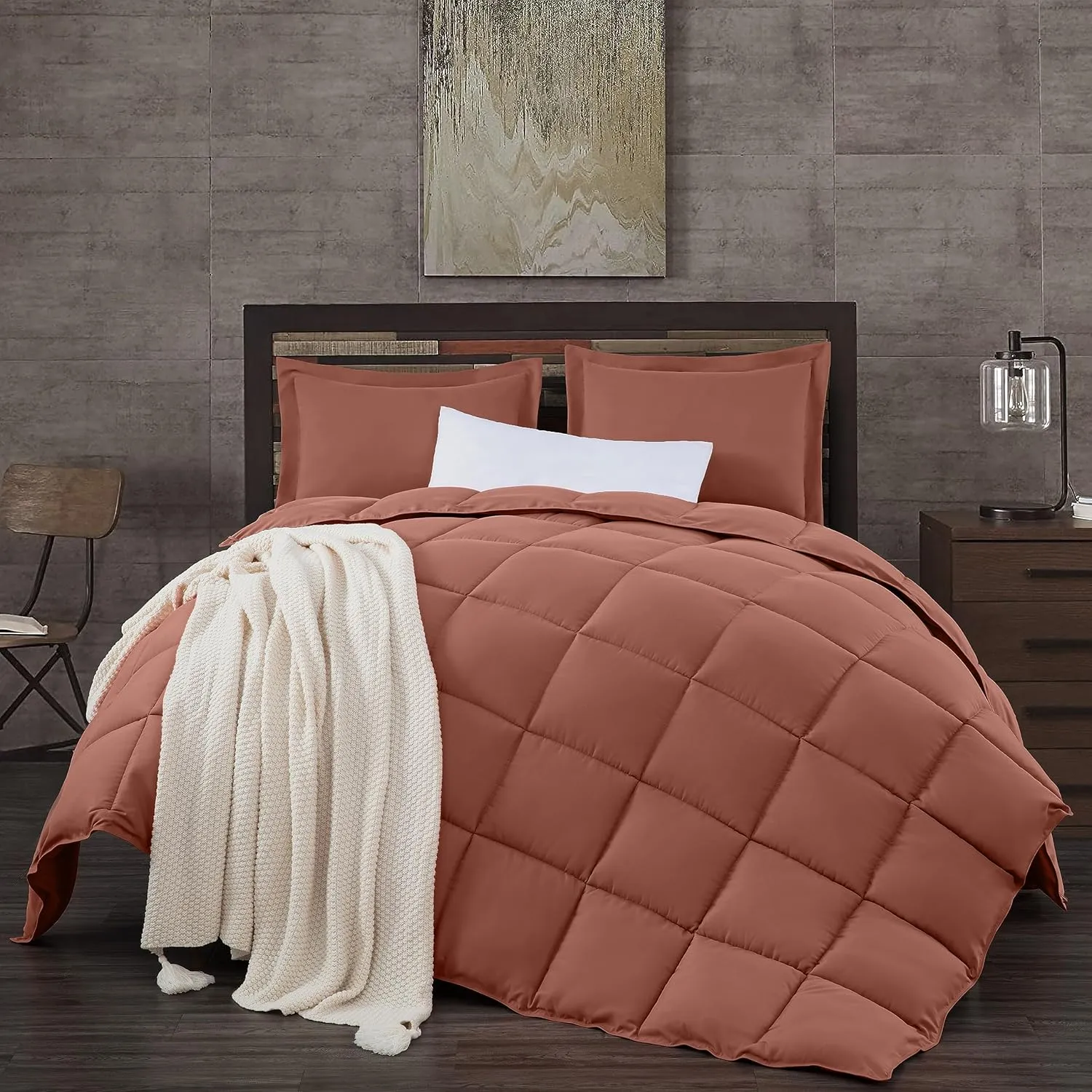Chezmoi Collection 3-Piece Terracotta Comforter Set Queen Size - 110GSM Peach Skin Microfiber Polyester All Season Down Alternative Comforter Set