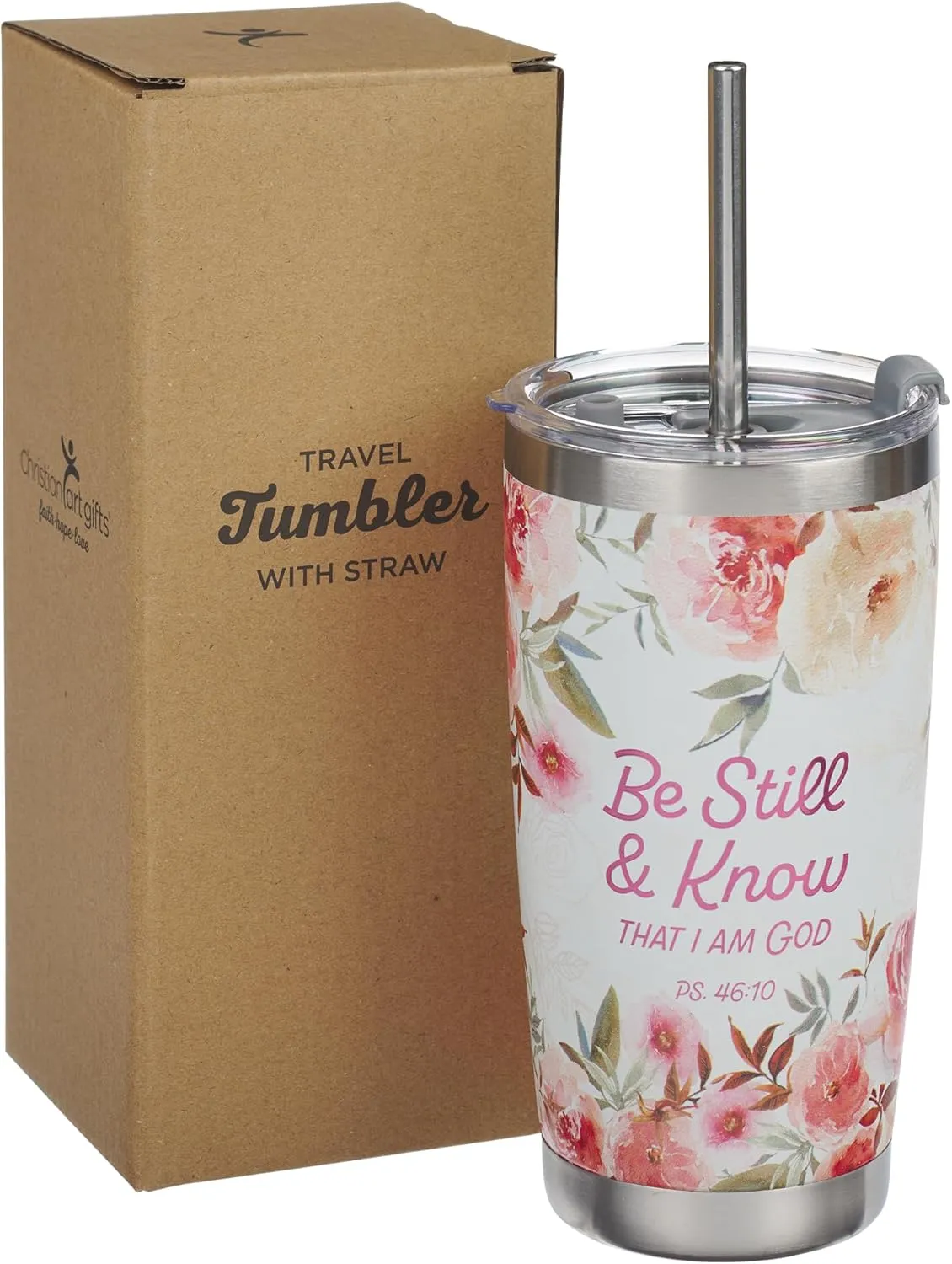 Christian Art Gifts Reusable Stainless Steel Scripture Travel Mug Tumbler w/Straw for Women: Be Still & Know, Double Wall Vacuum Insulated, Pop-up Lid, Hot/Cold, White & Peach Multicolor Floral, 18 oz